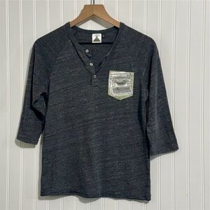 Paradigm Women’s Shirt S Grey Heather Henley 3/4 Sleeve VTG Typewriter Graphic